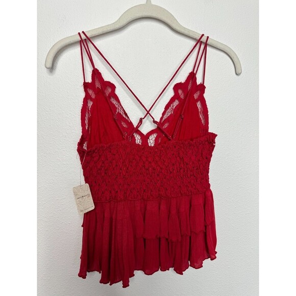 Free People Small Adella Cami Lace Tank Top Cherry Red Ruffled Peplum Hem NWT - Picture 9 of 13